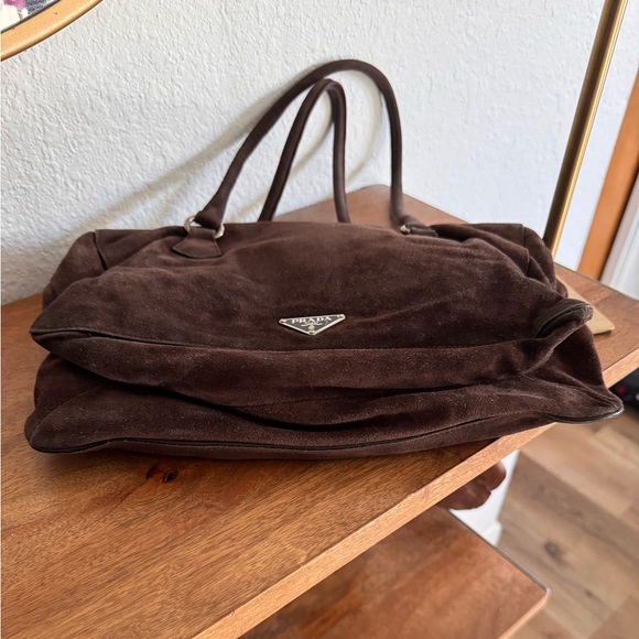 Prada Vintage Scamosciato Brown Suede Shoulder Bag Silver Hardware Push Lock - Picture 6 of 16